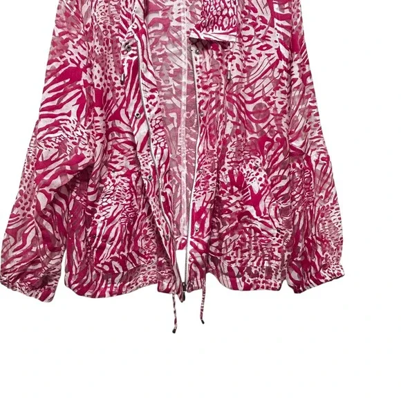 Chicos 3 Womens Sheer Zip Jacket XL Pink White Animal Print Drawstring Boho Chic - Picture 4 of 13